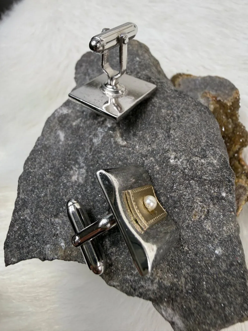 Vintage Anson Two Tone & Faux Pearl Men's Cuff Links Cufflinks Silver Gold